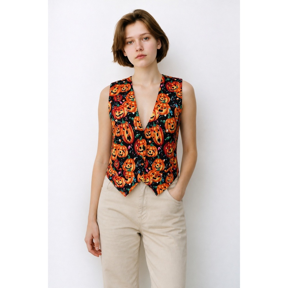 New JLN USA Women's Vest Pumpkin Halloween Large Orange Jack O Lantern 1990s